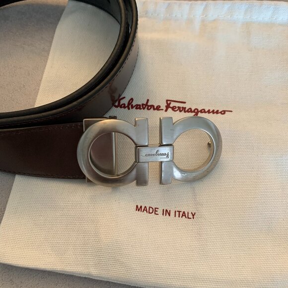 Salvatore Ferragamo Gancini Reversible Belt – Brown/Black Leather with Silver Bu - Picture 1 of 5